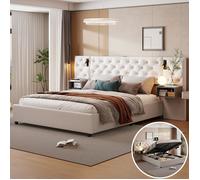 lit double 140x200cm avec coffre, lit 140 x 200 avec Sommier, lampe de chevet et 2 tables de chevet, Chargement USB, velours, Beige