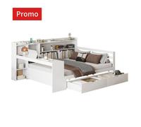 Lit double 140x200cm Canapé-lit Lit adulte en bois massif avec bureau étagères compartiments tiroirs prise USB et multi LIT COMBINE