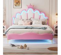 Lit Double 140x200cm Lit 2 Personnes LumièRe Led RéGlable Lit De Princesse HéRitièRe Cuir Pu Souple Lit Enfant ,Rose