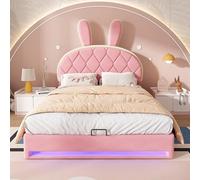Lit Double 140x200cm, Lit Tapissé Hydraulique, Tête De Réglable, Tête De Lit en Peau De Lapin, avec Sommier À Lattes Métalliques, avec Espace De Rangement, Velours, Rose