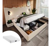 Lit double 160×200 avec lampe de lecture et USB Type-C , Lit de rangement, Beige-Blanc, Tissu velours côtelé Avec matelas