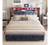 Lit double 160 x 200 cm avec éclairage LED, cassette hydraulique, tête de lit rembourrée avec espace de stockage, chargeur USB et type C et prise standard européenne, velours, sans matelas