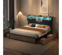 Lit Double 160 x 200 cm avec LED,Lit Moderne avec tiroirs, USB et lumière LED intégrée, Cadre de lit en métal Robuste avec rembourrée en Bois PU, sans Matelas (PU, 160 x 200 cm)