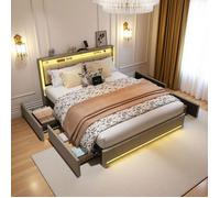 Lit double 160 x 200 cm avec LED,USB et 4 tiroirs,lit capitonné avec tête de lit,litcoffre 160x200 coffre,sommier à lattes,Lin beige