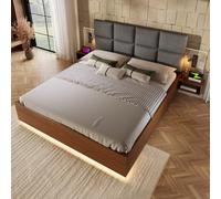Lit double 160 x 200 cm en lin gris tête de lit USB-C LED sans matelas | Tables de chevet flottantes avec panneau arrière en polycarbonate transparent et lampe de lecture tactile pour chambre à