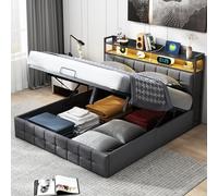 Lit double 160 x 200 cm - Lit de rangement hydraulique avec grand espace de rangement - Lit rembourré - Tête de lit avec USB et LED - Lit fonctionnel avec sommier à lattes, sans matelas