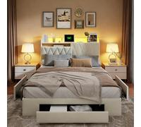Lit Double 160x200 avec 3 Tiroirs de Rangement - Lit Capitonné Rembourré avec Prise EU et Ports USB - Tête de Lit avec Étagère Intégrée et Éclairage LED - Sommier à Lattes Inclus, Velours Beige