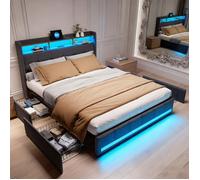 Lit double 160x200 avec LED et USB, 4 Tiroirs Rangement et Tête de lit rembourrée,Cadre de Lit avec Sommier à Lattes, Lin Gris