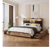 Lit Double 160x200 avec Rangement, 4 Tiroirs, Tête Chesterfield LED Bleu USB, Cadre Noir, Style Loft Rétro, pour Studio