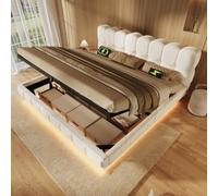 Lit Double 160x200 avec sommier à lattes relevabl et LED,Chenille Beige | coffre de rangement hydraulique et effet suspendu(Sans Matelas)