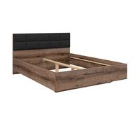 Lit double 160x200 avec tête de lit rembourrée noir ,coloris Chêne marron foncé - Longueur 206 x Profondeur 165 x Hauteur 42-98,5 cm - -