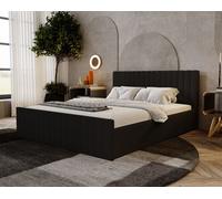 Lit double 160x200 Billo Slim - Lit rembourré, lit de chambre à coucher avec sommier à lattes & coffre de lit, tissu bouclé (Noir - Anthology 19)