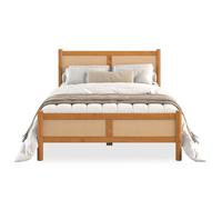 IDIMEX Lit en bois massif CEFIRA 160 x 200 cm avec tressage en rotin et finition chêne - Lit double en bois de pin massif, lit en bois stable de style bohème