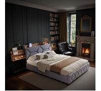 Lit Double 160x200 cm - AMBIANCE - avec Tête de Lit Étagère et Hub USB - Cadre de Lit Style Industriel Rembourré en Tissu Gris