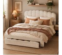 Lit double 160x200 cm avec 2 USB et Type-C,Lit adulte avec tête réglable,Cadre de lit rembourré en velours beige avec 1 tiroir