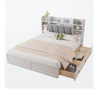 Lit Double 160x200 cm avec 3 Tiroirs Sur Roulettes, Rangement Sous Sommier, Tête de Lit avec Étagères - Pin Massif, Blanc Velours