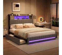 Lit Double 160x200 cm avec 4 Tiroirs de Rangement, Lit Rembourré Gris avec LED RGB, Tête de Lit avec Étagères et Ports USB/USB-C, Sommier à Lattes Inclus, Lit Adulte Moderne Lin Gris