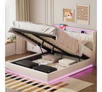 Lit Double 160x200 cm avec Coffre, Mécanisme de Levage à Gaz, Éclairage LED, Ports USB et Type-C, Tissu en Velours Rembourré - Lit Adulte Moderne