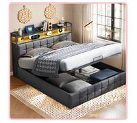 Lit Double 160x200 cm avec Sommier, Lit Coffre Design LED RGB et Charge USB, Tissu Cuir Gris, Moderne et Luxe