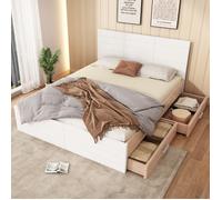 Lit Double 160x200 cm, Bois Chêne, 2 Tiroirs, Rangement Sous Lit, Lattes Inclus, Moderne, Sans Matelas, Blanc