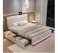 Lit Double 160x200 cm Grand Luxe avec Sommier Intégré, Lit Coffre 4 Tiroirs, LED RGB 9 Couleurs, USB/Type-C, Velours Blanc