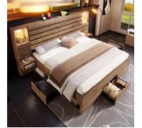 Lit double 160x200 cm LED USB Type-C avec 2 chevets suspendus 3 tiroirs 4 niches structure métal sans matelas effet chêne