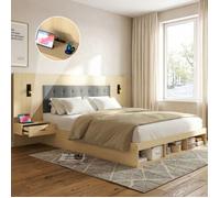 Lit double 160x200 cm - Modèle N634P414 - Chêne clair - Tables de chevet intégrées USB/Type-C - LED 360°