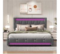 Lit double 160x200 cm - TANANT - Tête de lit LED - 4 tiroirs - Tissu lin gris - Réglable en hauteur