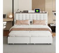 Lit double 160x200 cm tissu lin beige - 4 tiroirs, table de chevet USB - Literie rangement design - sans Matelas
