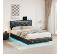 Lit Double 160x200 Design Suspendu avec LED RGB Télécommandée, Tête de Lit Réglable et USB - Cuir PU Noir et Clous Dorés