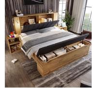 Lit double 160x200 en bois chêne tête rembourrée en lin chevets et banc de rangement intégrés