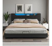 Lit Double 160x200 - LED - Sommier Renforcé - Coffre de Rangement - Design Moderne