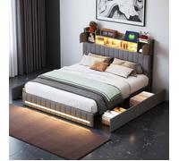 Lit double 160x200 - Queen Size - 4 tiroirs & tête de lit rangements - LED RGB + station USB-C - Lin gris