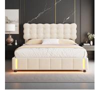 Lit Double 160x200 - Sommier Renforcé - Coffre de Rangement - Éclairage Intelligent - Velours Beige