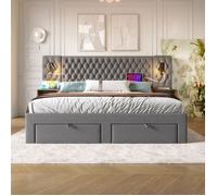 Lit double 180×200cm, lit capitonné avec tables de chevet et 4 tiroirs, lampe de chevet avec port USB,Sommier à lattes,Velours,gris