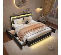 Lit double 180 x 200 cm, avec sommier à lattes, rembourré, 140 x 200 cm, avec espace de rangement, lit à sommier tapissier, à 4 tiroirs, LED, USB et type C, lin, sans matelas (gris, 160 x 200)