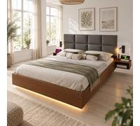 Lit double 180 x 200 cm en lin gris tête de lit USB-C LED sans matelas | Tables de chevet flottantes avec panneau arrière en polycarbonate transparent et lampe de lecture tactile pour chambre à