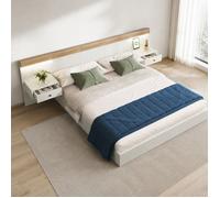 Lit double 180 x 200 cm EVRYAE avec sommier à lattes, 2 chevets LED suspendus, USB-C, blanc et chêne Sonoma