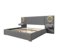 Lit double 180 x 200 cm gris en velours, tête de lit LED pour chambre | Velours gris, tête de lit LED à couleurs variables, ports USB et 2 chevets intégrés avec tiroirs