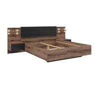 Lit double 180x200 + 2 tables de chevet éclairage LED coloris Chêne marron foncé/Chêne noir - Longueur 206 x Profondeur 185-285 x Hauteur 42-98,5 cm