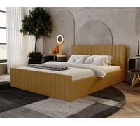 Lit double 180x200 Billo Slim - Lit rembourré, lit de chambre à coucher avec sommier à lattes & coffre de lit, tissu bouclé (Orange - Anthology 10)