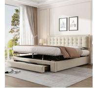 Lit Double 180X200 cm avec Rangement et Tiroirs, Sommier a Lattes, Lit Coffre Lit Double Grand Espace de Rangement, Velours, Beige
