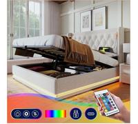 Lit Double 180x200 cm - Beige Coton - Cadre Hydraulique avec Stauraum, USB-C &amp LED 3 Côtés