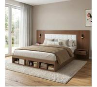 Lit double 180x200 cm effet noyer, lit 2 places avec rangements, 2 chevets, USB-C, liseuses, sommier à lattes, sans matelas