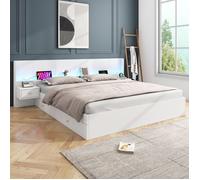 Lit double 180x200 cm EVRYAE - avec USB, LED et prise, 2 tables de chevet et 2 tiroirs, sans matelas - Blanc