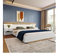 Lit Double 180x200 cm King Size avec 2 Tables de Chevet LED et Prises USB Type C Blanc et Chêne - Lit Flottant en Bois sans Matelas