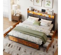 Lit Double 180x200 cm, Lit Métal avec 4 Tiroirs de Rangement, Éclairage LED, Lit Rembourré avec Sommier à Lattes Et Cadre Lit Métal,Tête de Lit en PU avec Rangement,Lit Jeune,Style Industriel(A)