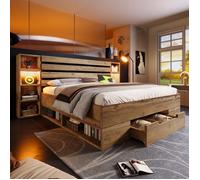 Lit double 180x200 cm Metall + MDF, rangements intégrés LED, USB-C, tête de lit, tiroirs, sommier lattes,Sans Matelas