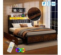 Lit Double 180x200 En Bois Et Fer - ANDEONLINE - Lit coffre avec 4 tiroirs - Lit double avec LED et USB - sommier à lattes - PU