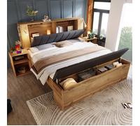 Lit double 180x200,lit coffre,bois,tête de lit,2 table de chevet,lampes de lecture avec port USB,sommier à lattes,matelas non inclus